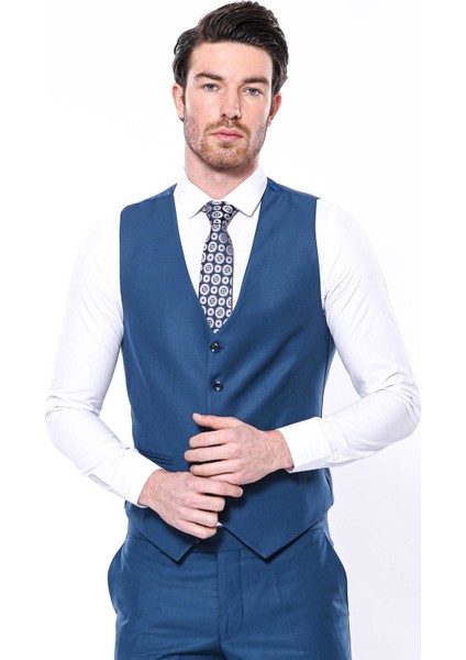 Erkek Slim Fit Düz Yaka Tek Yelek