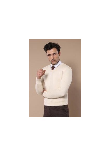 Erkek Slim Fit Desensiz Pamuk V Yaka Triko