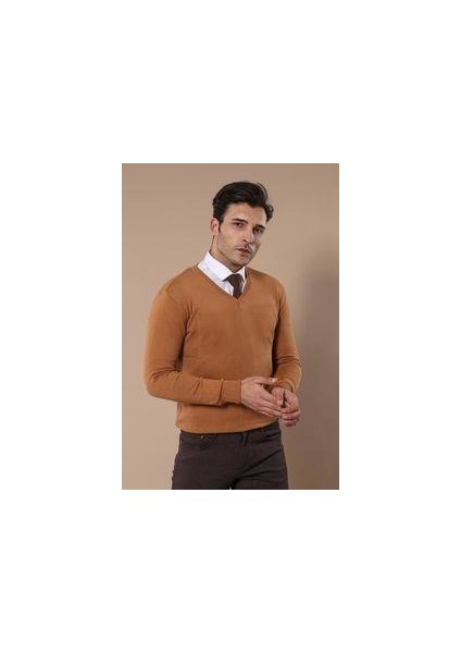 Erkek Slim Fit Desensiz Pamuk V Yaka Triko