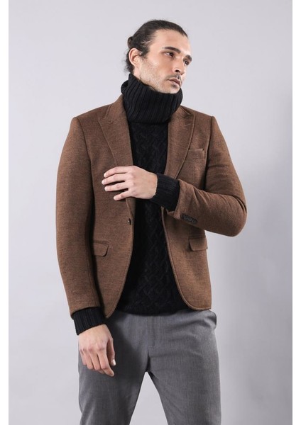 Erkek Kendinden Desenli Sivri Yaka Slim Fit Ceket