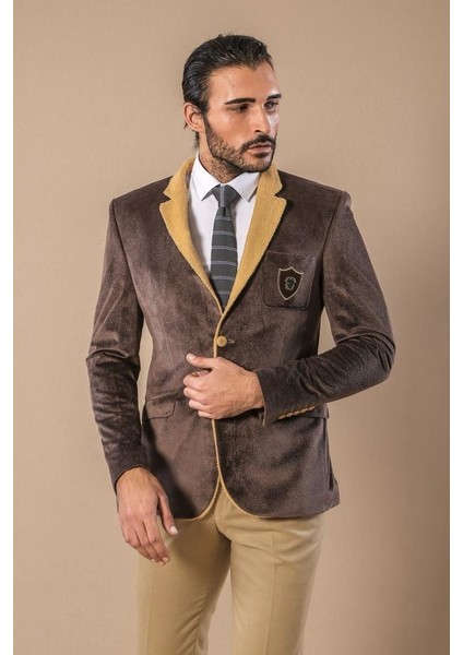 Erkek Armalı Içi Kürklü Velvet Slim Fit Ceket