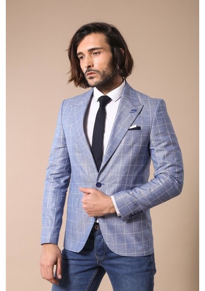 Erkek Tek Düğme Geniş Sivri Yaka Slim Fit Ceket