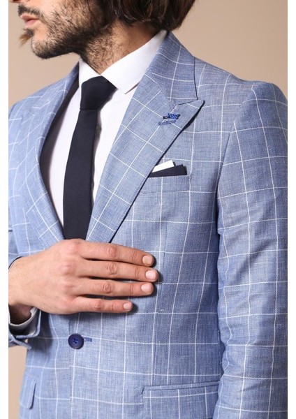 Erkek Tek Düğme Geniş Sivri Yaka Slim Fit Ceket