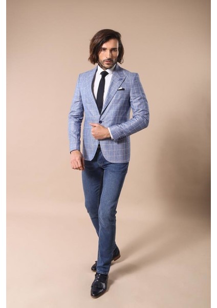 Erkek Tek Düğme Geniş Sivri Yaka Slim Fit Ceket