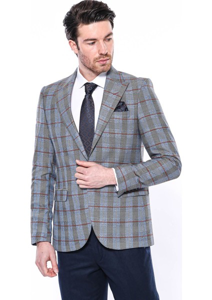 Erkek Ekose Desenli Sivri Yaka Slim Fit Ceket
