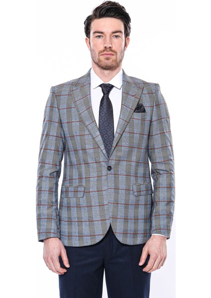 Erkek Ekose Desenli Sivri Yaka Slim Fit Ceket