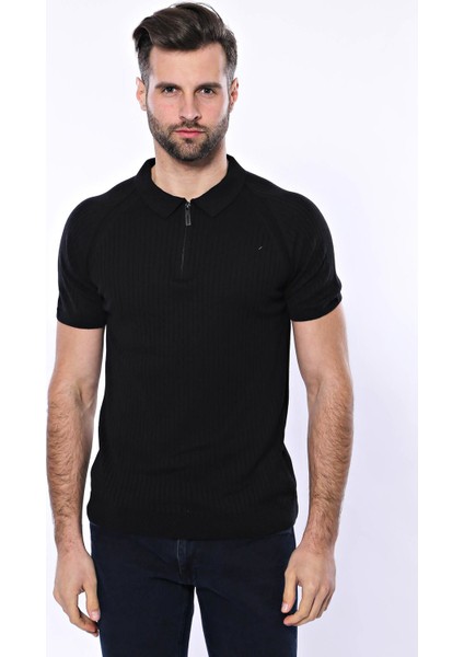 Erkek Polo Yaka Kendinden Desenli Fermuarlı Örme Tişört