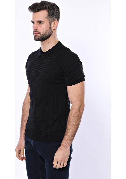 Erkek Polo Yaka Kendinden Desenli Fermuarlı Örme Tişört fiyatları