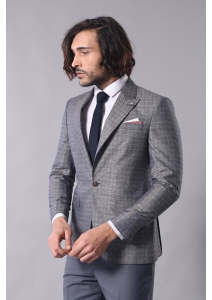 Erkek Keten Desenli Sivri Yaka Slim Fit Ceket