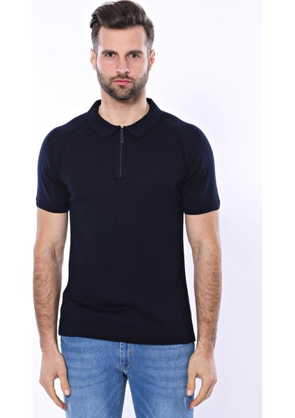 Erkek Polo Yaka Kendinden Desenli Fermuarlı Örme Tişört