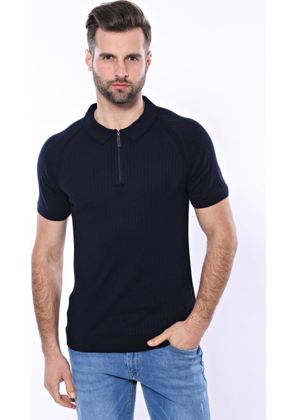 Erkek Polo Yaka Kendinden Desenli Fermuarlı Örme Tişört modelleri