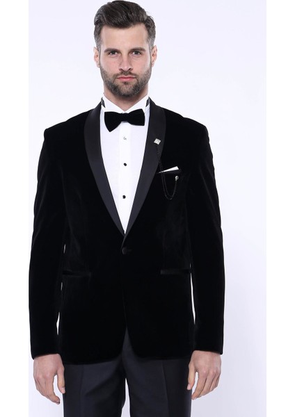 Erkek Düz Şal Yaka Velvet Slim Fit Ceket