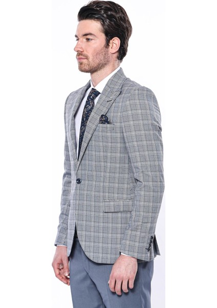 Erkek Ekose Desenli Slim Fit Tek Düğme Ceket