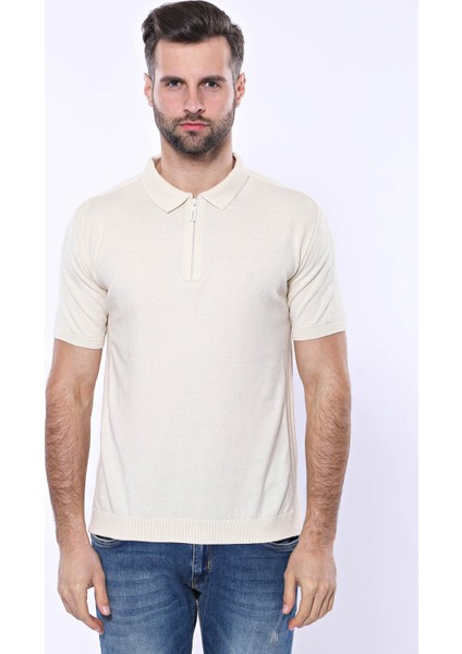 Erkek Slim Fit Polo Yaka Örme Düz Pamuk Tişört