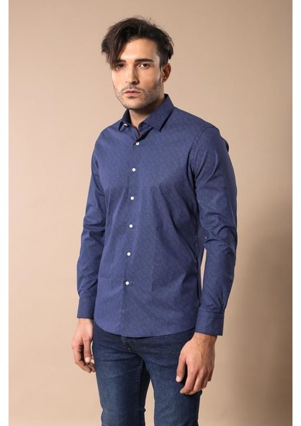 Erkek Slim Fit Kendinden Desenli Gömlek