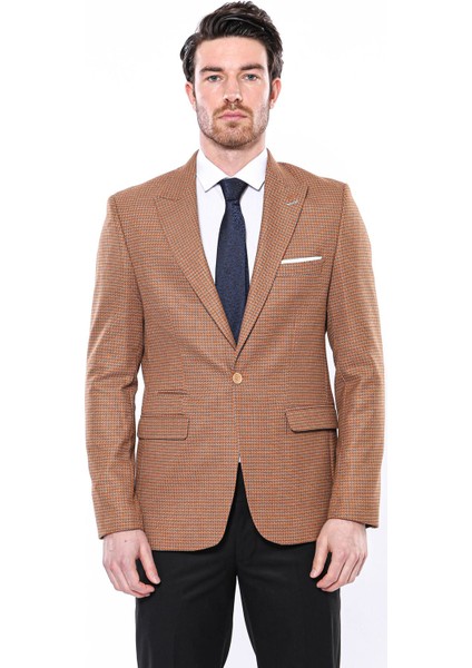 Erkek Kendinden Desenli Sivri Yaka Slim Fit Ceket