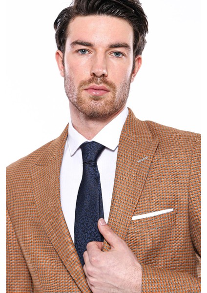 Erkek Kendinden Desenli Sivri Yaka Slim Fit Ceket