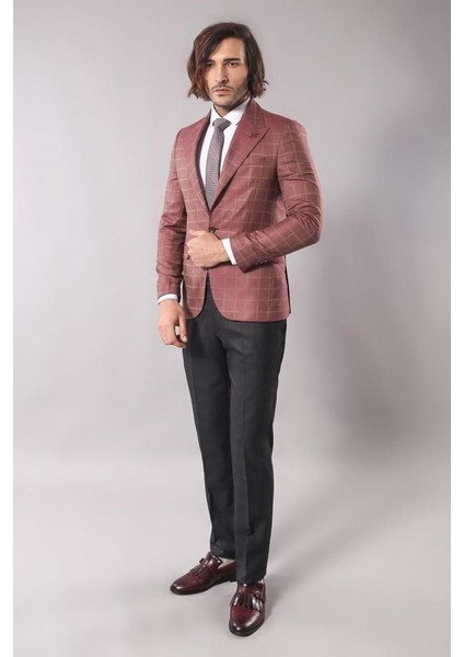 Erkek Tek Düğme Geniş Sivri Yaka Slim Fit Ceket