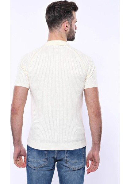 Erkek Polo Yaka Kendinden Desenli Fermuarlı Örme Tişört modelleri