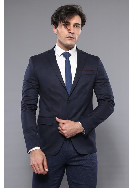 Erkek Ekose Desenli Sivri Yaka Slim Fit Ceket