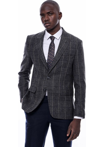 Ekose Sivri Yaka Slim Fit Taba Ceket