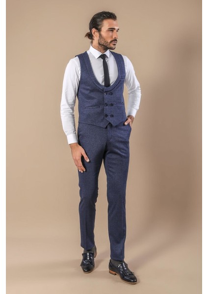 Erkek Slim Fit Desenli Kruvaze Yelek Set