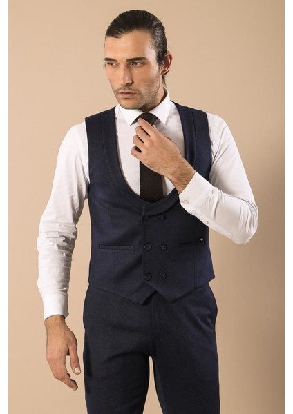 Erkek Slim Fit Desenli Kruvaze Yelek Set