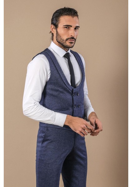 Erkek Slim Fit Desenli Kruvaze Yelek Set