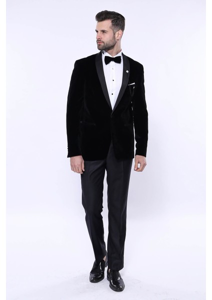 Erkek Düz Şal Yaka Velvet Slim Fit Ceket