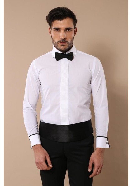 Erkek Slim Fit Pileli Manşetli Damatlık Pamuk Gömlek