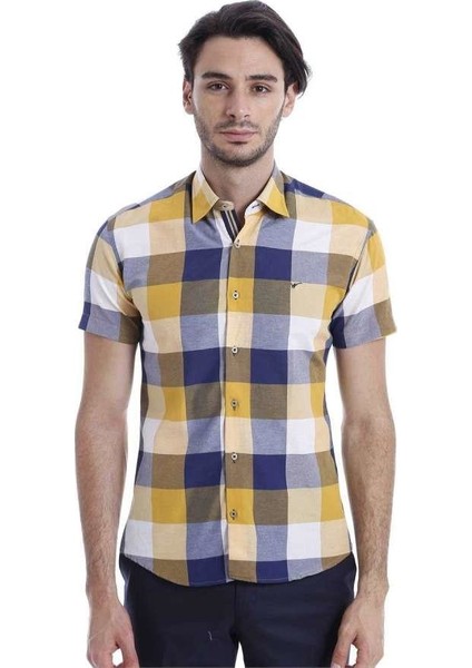 Erkek Sarı Slim Fit Ekose Desenli Pamuk Gömlek