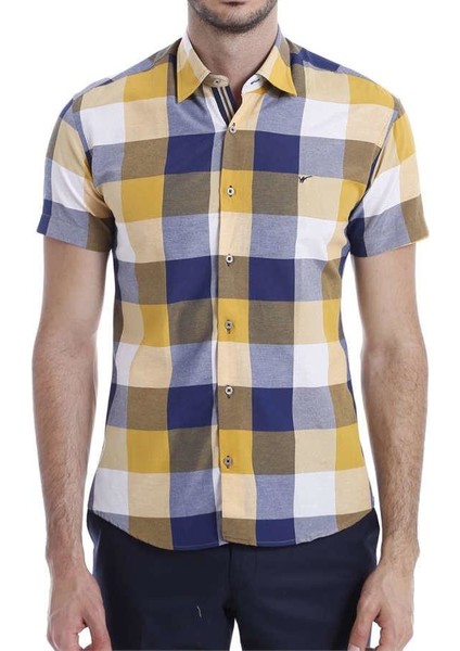 Erkek Sarı Slim Fit Ekose Desenli Pamuk Gömlek fiyatları
