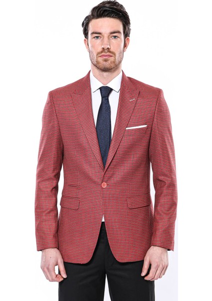 Erkek Kendinden Desenli Sivri Yaka Slim Fit Ceket