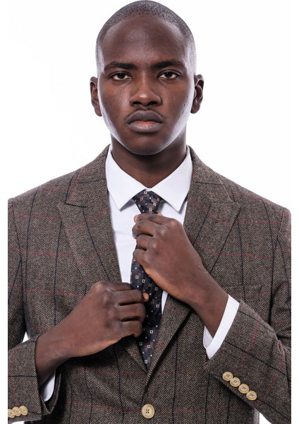 Ekose Sivri Yaka Slim Fit Taba Ceket