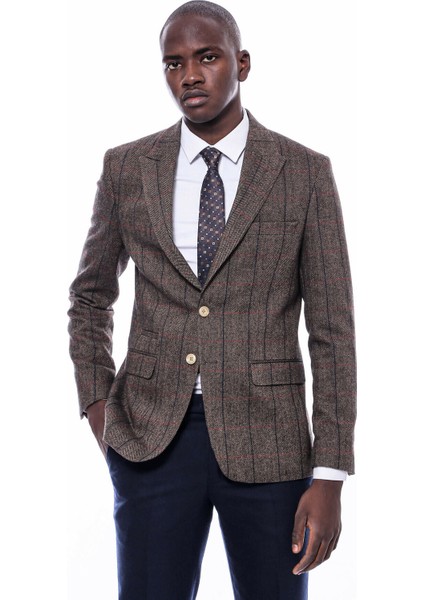 Ekose Sivri Yaka Slim Fit Taba Ceket
