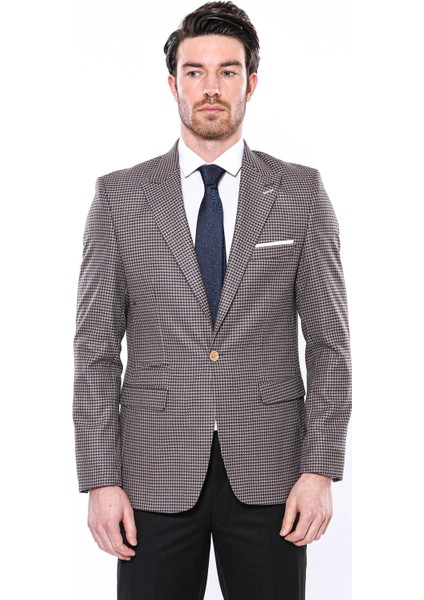 Erkek Kendinden Desenli Sivri Yaka Slim Fit Ceket