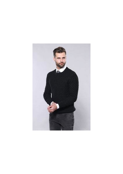 Erkek Desenli Bisiklet Yaka Slim Fit Triko
