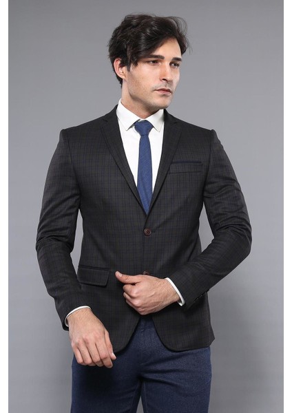 Erkek Ekose Desenli Sivri Yaka Slim Fit Ceket