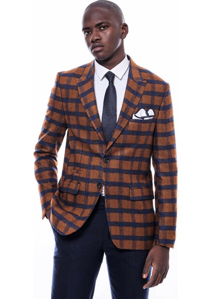 Ekose Sivri Yaka Slim Fit Taba Ceket