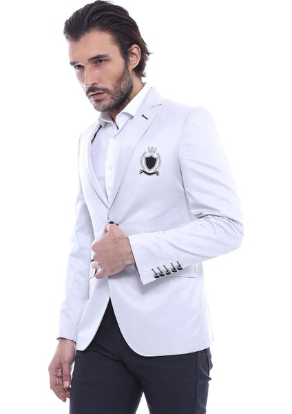 Erkek Göğüs Nakış Modelli Slim Fit Ceket