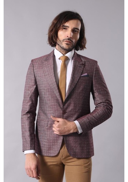 Erkek Keten Desenli Sivri Yaka Slim Fit Ceket