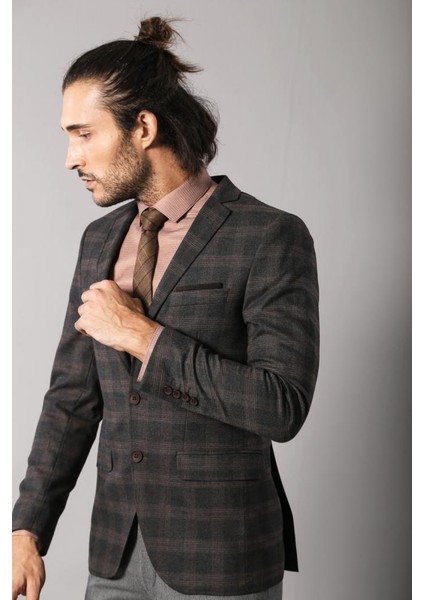 Erkek Ekose Desenli Sivri Yaka Slim Fit Ceket