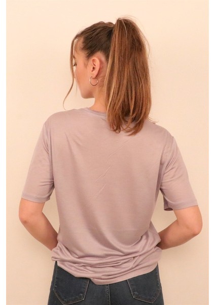 Kadın Gri Bisiklet Yaka T-Shirt modelleri