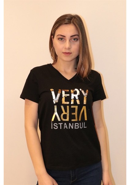 Kadın V Yaka Siyah T-Shirt