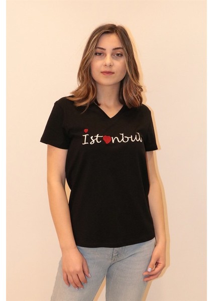 Kadın V Yaka Siyah T-Shirt