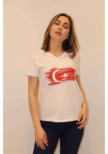 Kadın V Yaka T-shirt %100 Pamuk Tişört