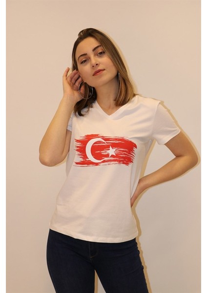 Kadın V Yaka T-shirt %100 Pamuk Tişört