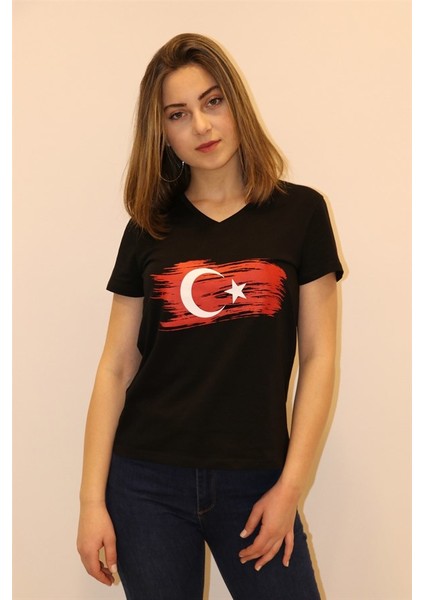 Kadın V Yaka T-shirt %100 Pamuk Tişört