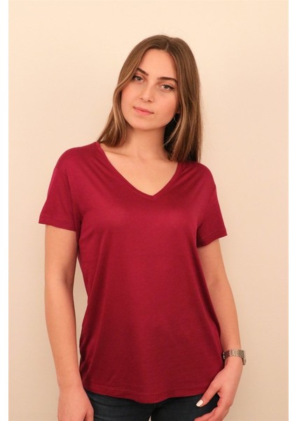 Kadın V Yaka Fuşya T-Shirt fiyatları