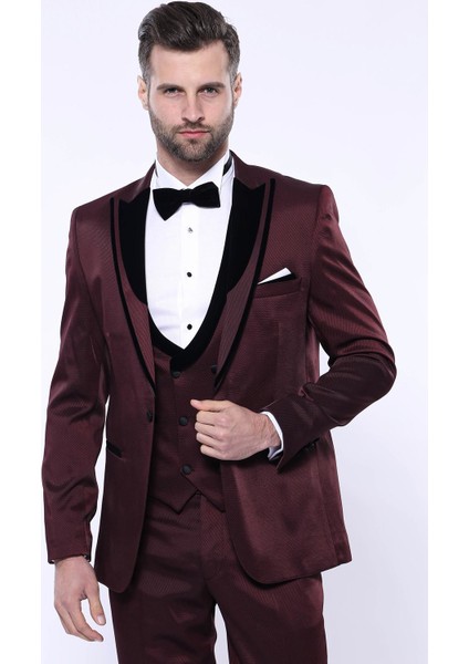 Erkek Slim Fit Desenli Velvet Yaka Takım Elbise